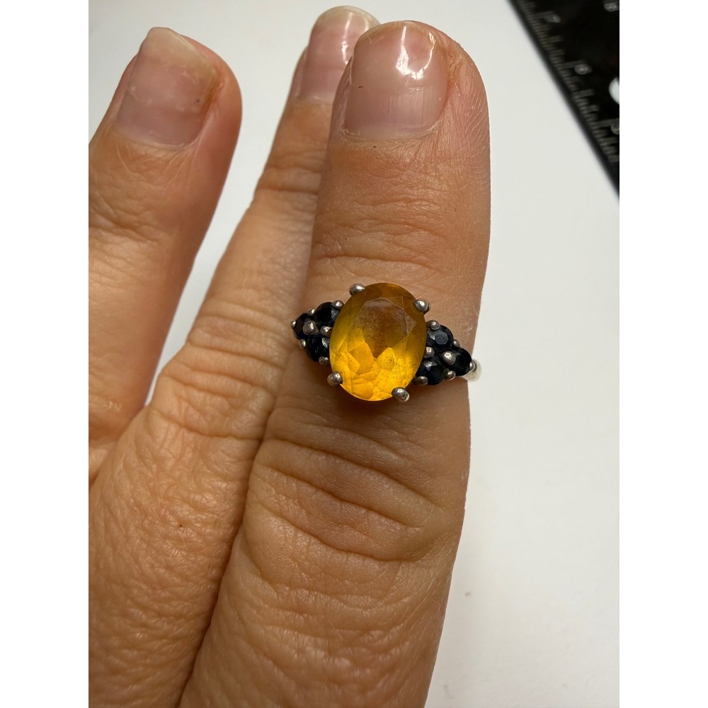CNA Sterling Silver 925 Oval Citrine and Black Accent Stone Ring Size 6.25